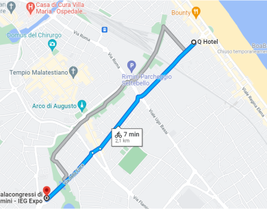 Fahrradroute vom Q Hotel zum Palacongressi di Rimini in 7 Minuten.