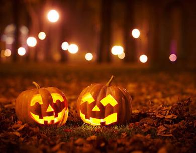 Deux citrouilles sculptées illuminées dans un parc d'automne la nuit.