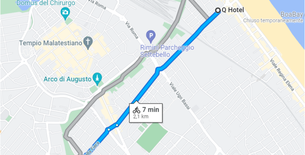 Fahrradroute vom Q Hotel zum Palacongressi di Rimini in 7 Minuten.