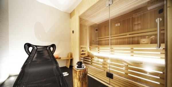 Sauna moderne avec chaise noire et table d'appoint en bois.